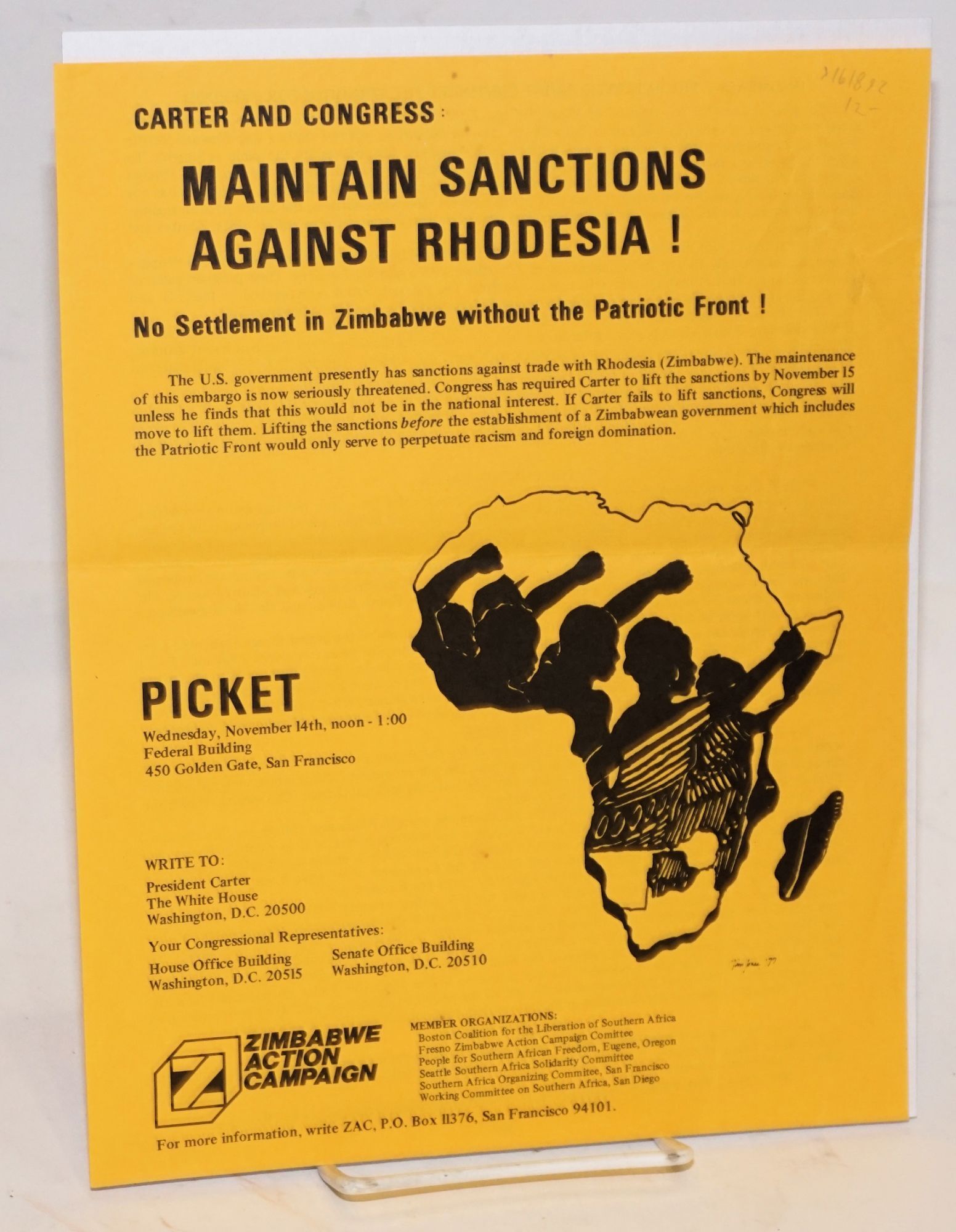 Carter and Congress: maintain sanctions against Rhodesia! No settlement in Rhodesia without the Patriotic Front!