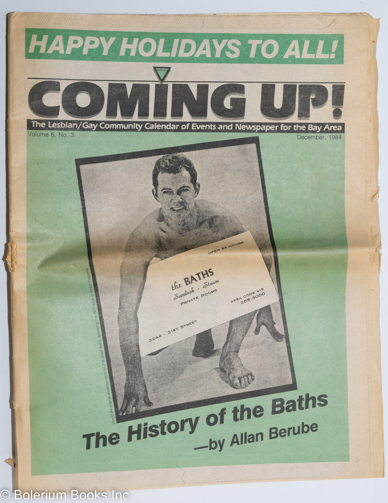 Coming Up! the lesbian/gay community calendar of events and newspaper for  the Bay Area aka San Francisco Bay Times vol. 6, #3, December 1984; The  history of the baths | Kim Corsaro,